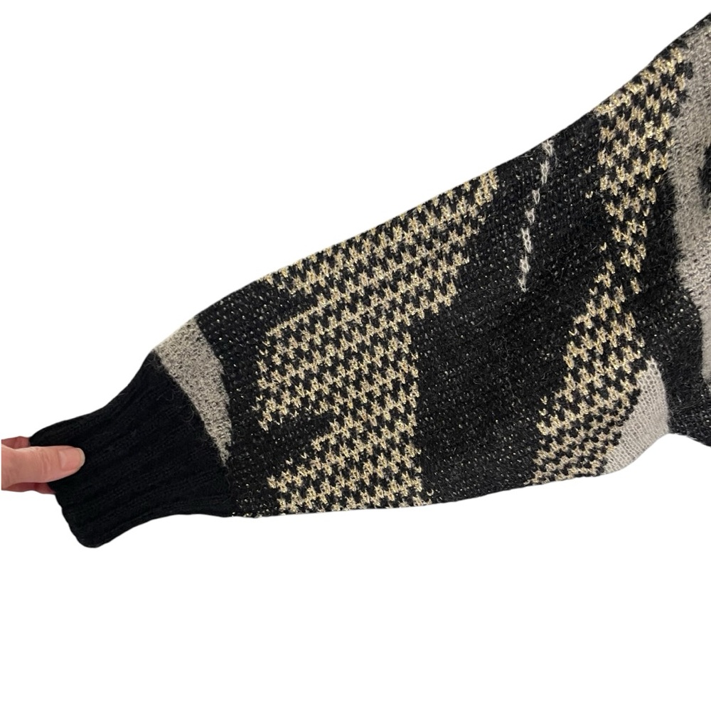 Vintage 80's Black/Grey/Gold Pattern Mohair High Neck Button Front Cardigan (M) - Picture 8 of 16
